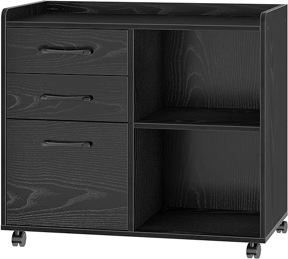 Rolanstar File Cabinet 3-Drawers, Mobile Lateral Filing Cabinet, Printer Stand with Open Storage Shelf, Rolling Filing Cabinet with Wheels for Letter Size,Black