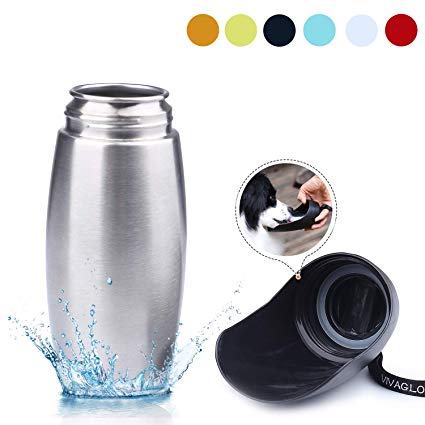 Vivaglory Leak Proof Dog Travel Water Bottle, 750 ml Portable Dog Drinking Bottle with Big Trough, BPA Free, Stainless Steel