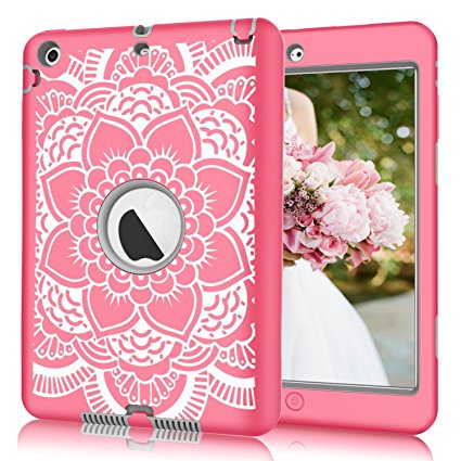 Hocase Double Layer Rugged Hard Rubber Case for Apple iPad Mini / 2 / 3 - Hot Pink Flower / Grey