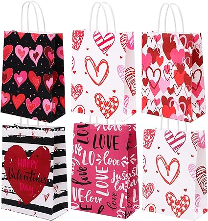 Cooraby 20 Pieces Valentines Day Paper Bags Valentine's Day Party Kraft Bags Paper Red and Pink Color Hearts Bags with Handle for Party Favors