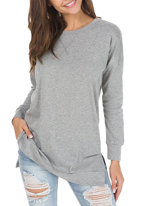 levaca Women's Fall Long Sleeve Side Split Loose Casual Pullover Tunic Tops