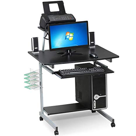 Yaheetech Mobile Computer Desks with Keyboard Tray, Printer Shelf and Monitor Stand Small Space Home Office Furniture (Black)