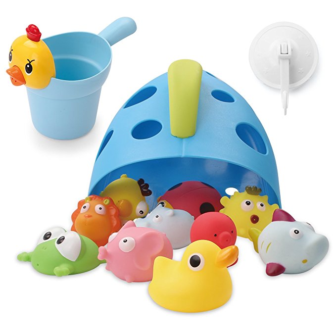 Freestanding Bath Toy Organizer Bath Caddy with Scoop for Toddlers Baby -Blue