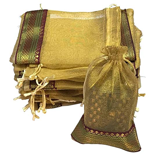 KRIWIN Unisex Silk Gold Colour Tissue Drawstring Closure Potli/Bag (18 X 12 cm) Pack of 50 Pieces