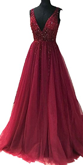 BessDress V-Neck Evening Dresses Sequins Tulle High Split Prom Formal Party Gown BD272