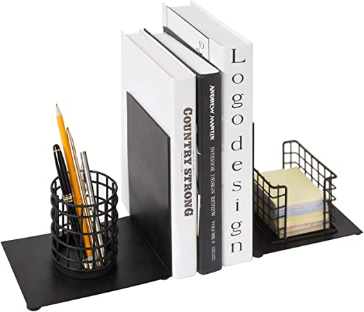 Black Metal Desktop Space Saver Bookends with Office Stationary Organizer, Pencil Holder and Note Pad Dispenser