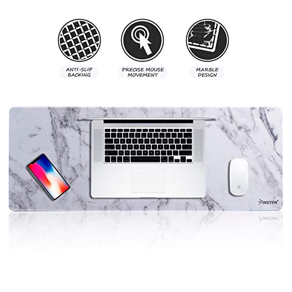 INSTEN Extra Large Mouse Pad, Marble Extended Computer Mouse Pad XL XXL for Desktop, with Waterproof Coating, Non-Slip Base, Silky Smooth Surface, Durable Stitched Edges - 31.5" X 12", White Marble