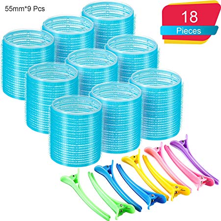 55 mm Self Grip Hair Rollers Set 9 Count Jumbo Size Self Holding Rollers and 9 Duck Teeth Bows Hairdressing Curlers for Women, Men (55 mm, 18 Pieces)