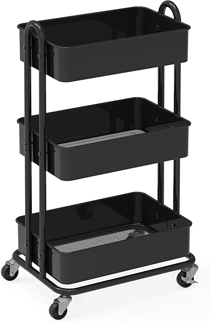 SimpleHouseware Heavy Duty 3-Tier Metal Utility Rolling Cart, Black