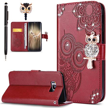 Galaxy S8 Plus Case,Galaxy S8 Plus Cover,ikasus Bling Diamonds Glitter Embossing Mandala Owl PU Leather Fold Wallet Flip Stand Protective Case Cover   Dust Plug & Stylus for Samsung Galaxy S8 Plus,Red