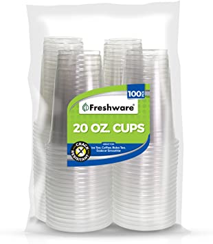 Freshware Plastic Cups [20 oz, 100-Pack] - Disposable Cold Drink Party Cups, Crystal Clear PET Cups