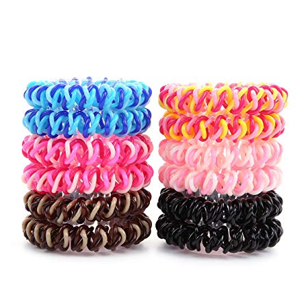 Spiral hair band No Crease Elastic Ponytail Holders Phone Cord Traceless Hair Tie Suitable for All Hair Types, 6 Colors ,2pcs/color, Pack of 12 (Multi-colored)