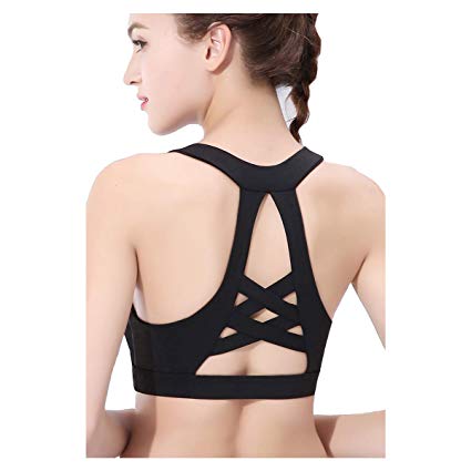 KeHuiYing Women's Racerback Sports Bra, Removable Pad High Impact Support Gym Yoga Top Strappy Back Sport Bra