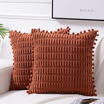 Fancy Homi 2 Packs Rust Decorative Throw Pillow Covers 18x18 Inch with Pom-poms for Couch Bed Living Room, Farmhouse Boho Home Decor, Terracotta Soft Corduroy Cute Square Cushion Case 45x45 cm