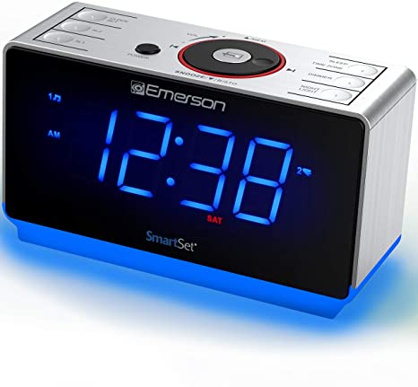 Emerson Radio ER100112 Smartset Clock Radio with Bluetooth Speaker, USB Charging, Night Light, 1.4" Blue Jumbo Display & Dual Alarm