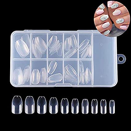JoofEric 100pcs Short Coffin False Nail Tips Full Cover Acrylic Artificial Ballerina Fake Nails 10 Sizes (Clear Nails with Case)