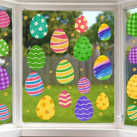Pawliss Easter Window Decorations, Extra Large Easter Egg Window Cings, Cute Hand-Drawn Watercolor Eggs Decor for Kids Shcool Home Office Party Supplies, Spring Decals for Glass Windows, 6 Sheets