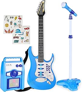 Best Choice Products Kids Electric Musical Guitar Play Set, Toy Guitar Starter Kit Bundle w/ 6 Demo Songs, Whammy Bar, Microphone, Amp, AUX, 2 Sticker Sheets - Electric Blue