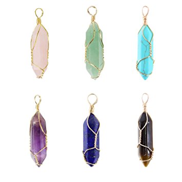 6 PCS Natural Hexagonal Quartz Gold Plated Brass Wired Wrapped Healing Point Pendant Bulk Charms for Jewelry Making