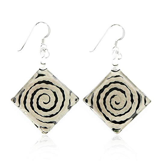 Sterling Silver Hand Painted Murano Glass Black White Circle Swirl Square Dangle Hook Earrings 2”