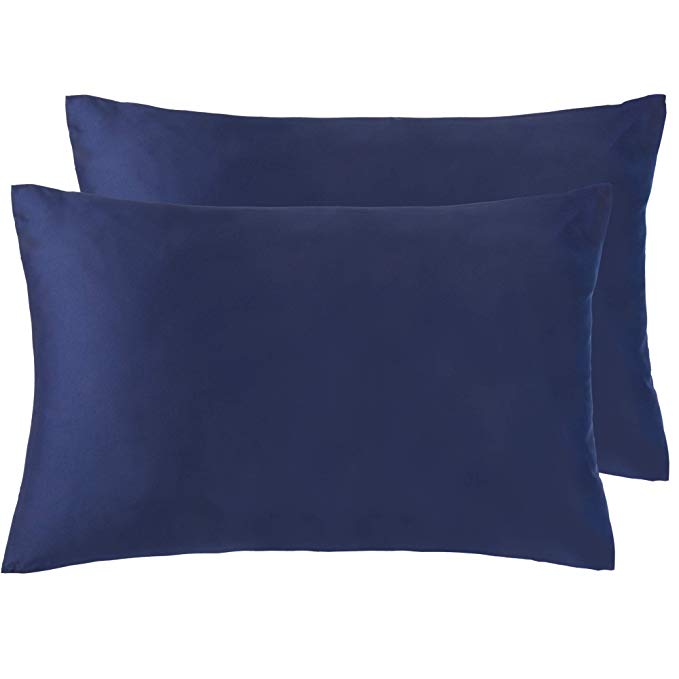 NTBAY Silky Satin Queen Pillowcases Set of 2, Super Soft and Luxury, Hidden Zipper Design, Navy Blue, Queen Size