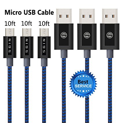SGIN Micro USB Cable,3-Pack 10ft Nylon Braided Charging Cord - Extra Long USB 2.0 Sync and Charge for Android Devices, Samsung Galaxy, Sony, Motorola Nokia,and More(Black Blue)
