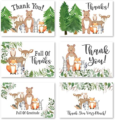24 Woodland Thank You Cards With Envelopes, Kids or Baby Shower Thank You Note, Rustic Animal Deer or Fox, 4x6 Varied Gratitude Pack For Party, Birthday Boy or Girl Children, Appreciation Stationery