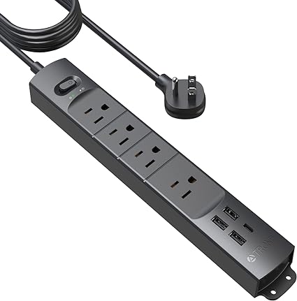 TROND 15ft Long Extension Cord USB C, Thin Flat Plug Power Bar Surge Protector, Slim Power Strip, 4 Outlets 4 USB Ports, 1440 Joules, Wall Mount for Home Office Supplies Dorm Room Travel Essentials