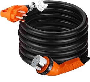 50 Amp RV Extension Cord 15 ft, Heavy Duty 6/3 8/1 SJTW AWG RV Power Cord with Grip Handle Twist Lock, NEMA 14-50P to SS2-50R with LED Indicator