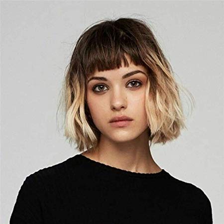 BeiSD Ombre Blonde Bob Wig Short Wavy Bob Wigs with Bangs Ombre Blonde Synthetic Wigs for Black White Women