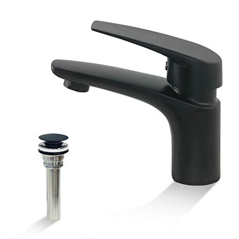 TRYWELL Single Black Handle Bathroom Sink Faucet Modern One Hole Sink Faucet with Pop-up Drain and Water Supply Hoses Included, T304 Stainless Steel
