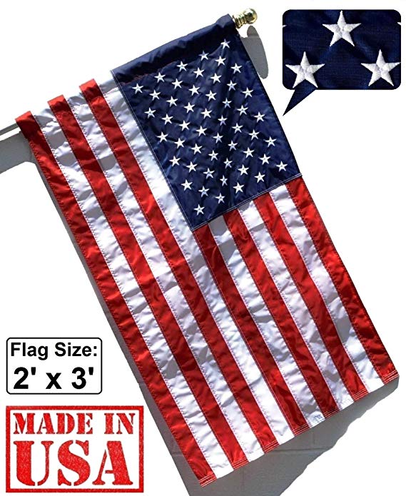 US Flag Factory 2x3 FT U.S. American Flag (Pole Sleeve) (Embroidered Stars, Sewn Stripes) Outdoor SolarMax Nylon, UV Fading Resistant - Made in America