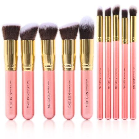 Nestling® 10 Pieces Makeup Brush Set, 10 Pieces Professional Foundation Blending Blush Eye Face Liquid Powder Cream Cosmetics Brushes（Golden Pink）