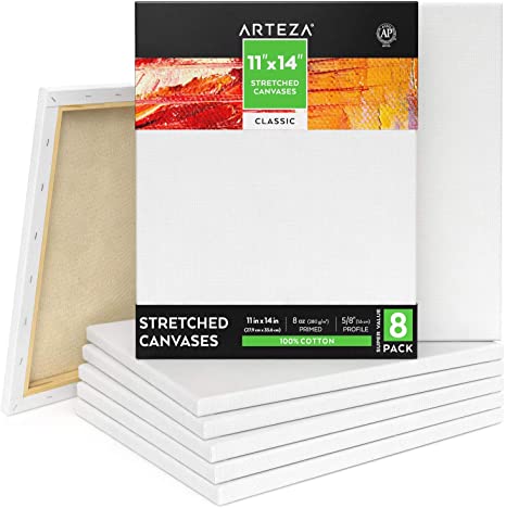 Arteza 11x14” Stretched White Blank Canvas, Bulk Pack of 8, Primed, 100% Cotton for Painting, Acrylic Pouring, Oil Paint & Wet Art Media, Canvases for Professional Artist, Hobby Painters & Beginner