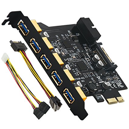 Mailiya PCI-E to USB 3.0 5-Port PCI Express Card with 15-Pin Power Connector and 1 USB 3.0 20-Pin Connector for Another 2 Ports [ Include with A 4pin to 2x15pin & A 15pin to 2x15pin SATA Y-Cable ]