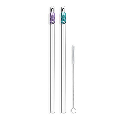 Hummingbird Glass Straws Sipping Springs Premium Clear Handmade in USA Reusable Straws 12" Extra Long Straight 2-Pack With Cleaning Brush (Teal & Lavender)