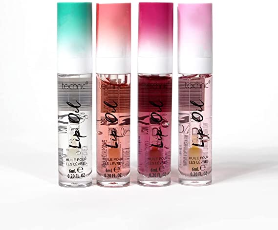 Technic Lip Oil Bundle - 4 Flavoured, Hydrating Lip Oils - Mixed Variety Multipack - Strawberry, Mint, Cherry, Orange