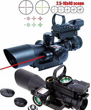 X-Aegis New Style 2.5-10x40 Tactical Rifle Scope with Integrated Red Laser Dual Illuminated Mil-dot , Rail Mount and 4 Reticle Red and Green Dot Open Reflex Sight