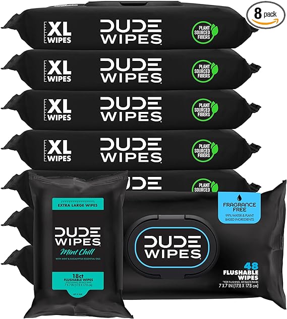 DUDE Wipes - Flushable Wipes - Unscented 8 Pack   Mint Travel Pack, 402 Wipes - Extra Large Dispenser Wet Wipes with Vitamin E & Aloe For Men - Septic and Sewer Safe