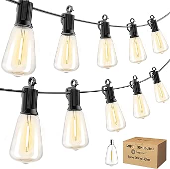 Minetom Outdoor Light String,30FT Dimmable Outdoor String Lights with 15 1 Shatterproof ST38 LED Vintage Edison Bulbs,2200K Connectable Hanging Lights for Deck Porch Bistro Gazebos Balcony Garden