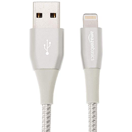 AmazonBasics Double Nylon Braided USB A Cable with Lightning Connector, Premium Collection - 3-Foot, 2-Pack - Silver