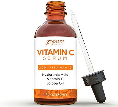goPURE Vitamin C Serum for Face - Clinical Strength 20 - With Hyaluronic Acid Vitamin E Organic Aloe - Fades Age Spots Boosts Collagen Wrinkles Lines - Best Natural and Organic Anti Aging Serum