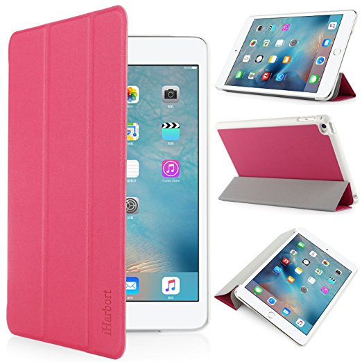iHarbort® Apple mini 4 Case - Multi-Angles Smart Cover Holder Stand Leather Case for Apple iPad mini 4, With Sleep/ Wake Up Function (iPad mini 4, Hot Pink)