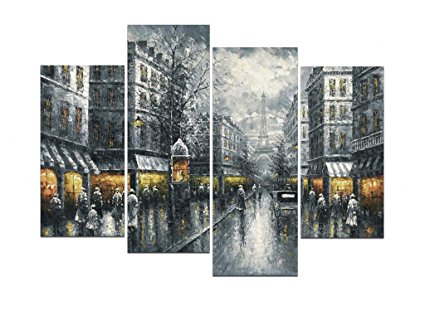 Wieco Art - Paris Street Large Modern 4 Panels Framed Cityscape Giclee Canvas Prints Black and White Europe Buildings Oil Paintings Reproductions Pictures on Canvas Wall Art Work for Home Decorations