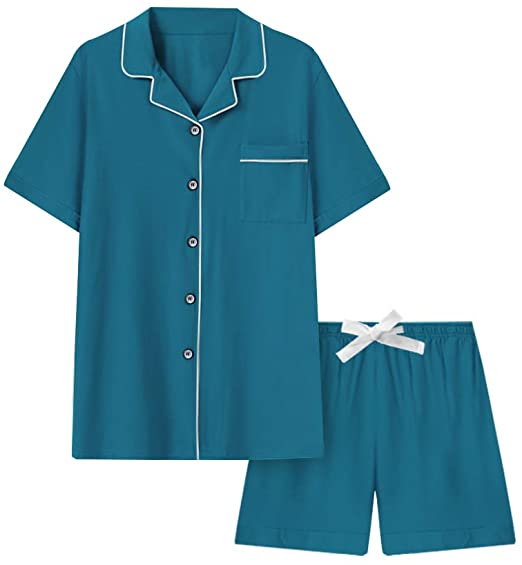 COLORFULLEAF Women's Pajama Set Button Down Short Sleeve PJS Top and Sleep Shorts