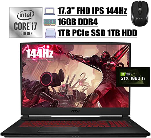 2020 Flagship MSI GL75 Leopard Gaming Laptop 17.3" FHD IPS 144Hz 100% sRGB 3ms Intel 6-Core i7-10750H GTX 1660Ti 6GB 16GB DDR4 1TB PCIe SSD 1TB HDD Backlit Webcam Win 10 + iCarp Wireless Mouse