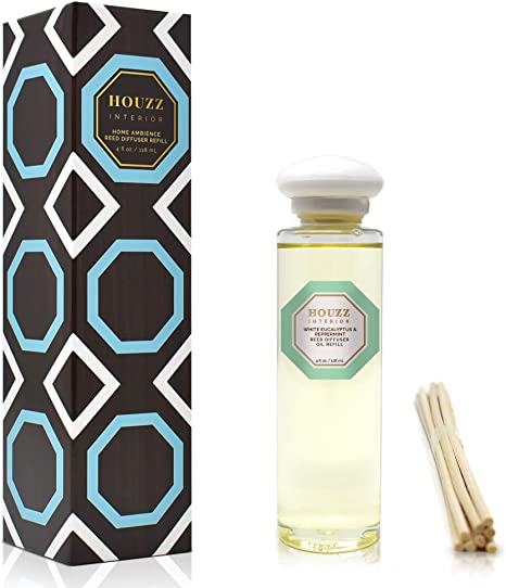 HOUZZ Interior White Eucalyptus & Peppermint Reed Diffuser Refill Oil with Sticks, Home Scent for Living Room, Bathroom and Kitchen, Made with Essential Oils, Made in The USA