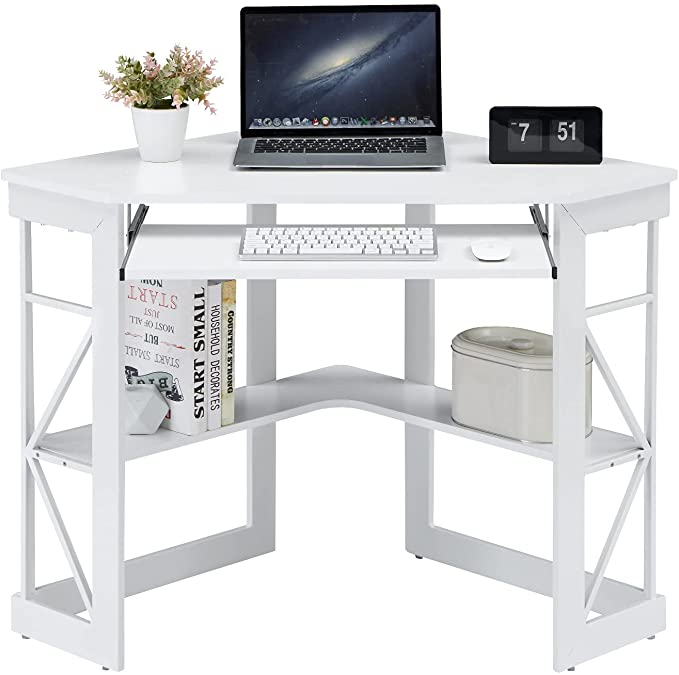 VECELO Corner Keyboard, Triangle Computer Writing, Compact Home Office Desk,White