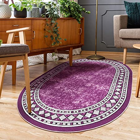 Antep Rugs Alfombras Modern Bordered 5x7 Non-Skid (Non-Slip) Low Profile Pile Rubber Backing Indoor Area Rugs (Purple, 5' x 7' Oval)