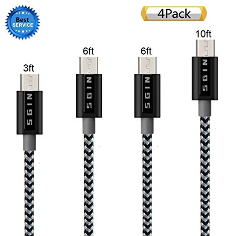 SGIN Micro USB Cable,4Pack 3FT 6FT 6FT 10FT Nylon Braided Charging Cord - Extra Long USB 2.0 Sync and Charge for Android Devices, Samsung Galaxy, Sony, Motorola Nokia,and More(Black Grey)